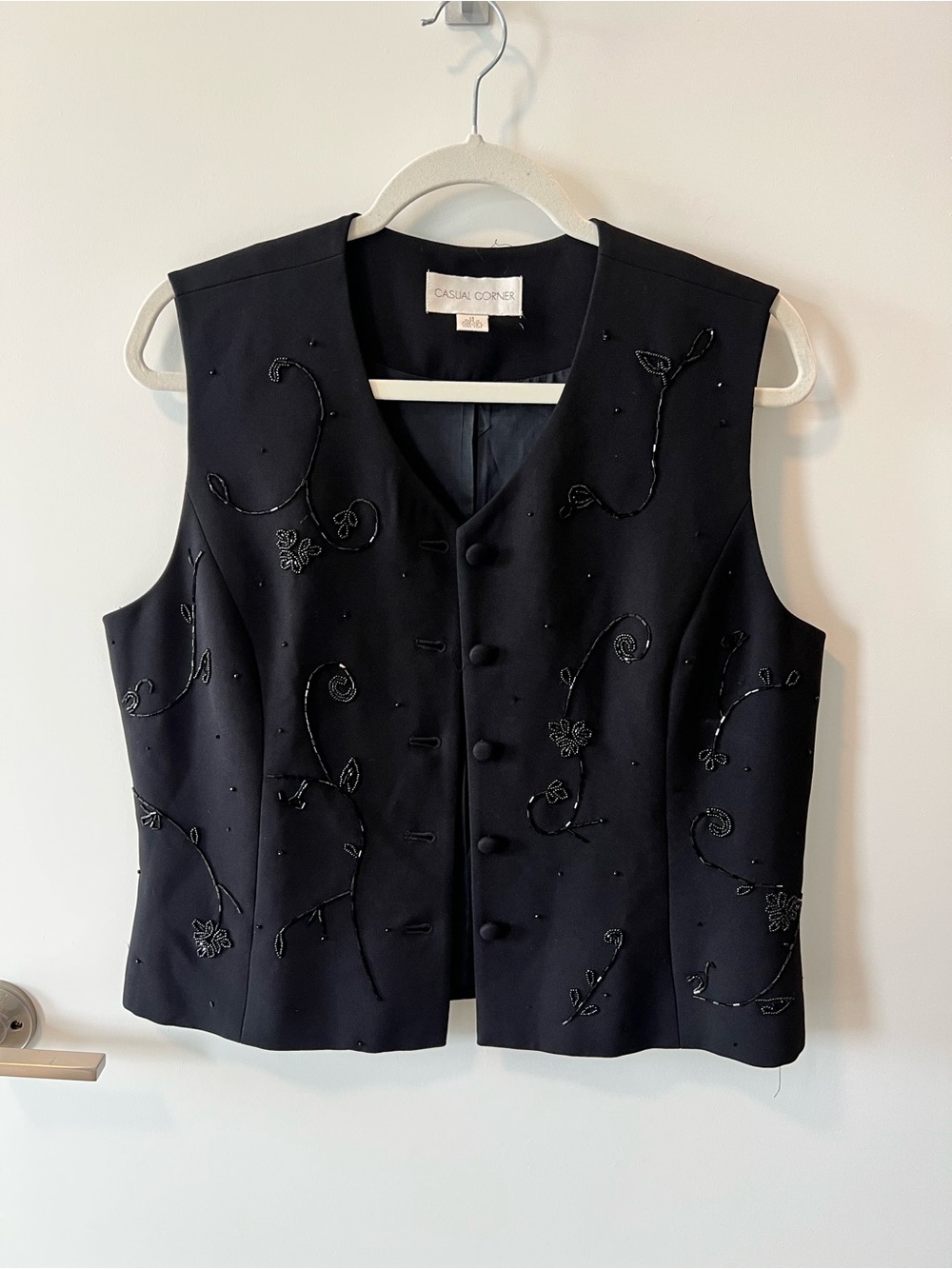 Casual Corner Black Beaded Floral Button-Front Vest